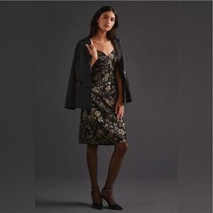 Maeve Size 8 Slim Jacquard Mini Cocktail Dress Black Gold Metallic Floral Glam